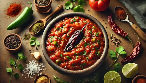 A salsa with a smoky, spicy, red color
