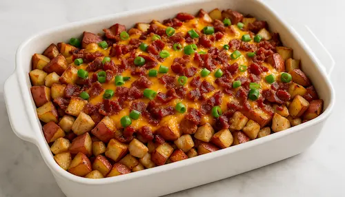 A baking dish with a potato, chicken, cheese, bacon, and green onions.
